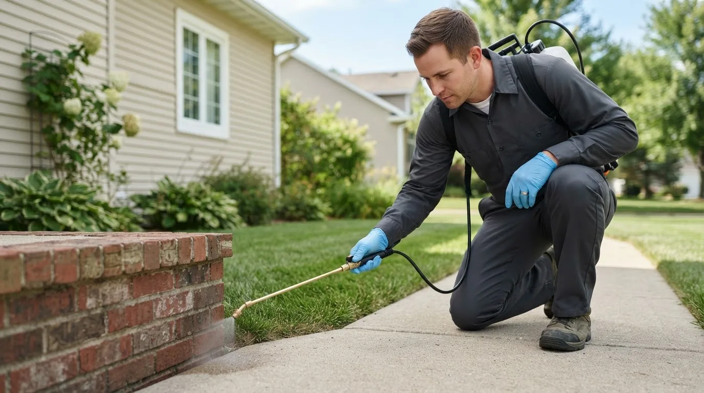 Pest control technician treating a home near Clarence Center, NY