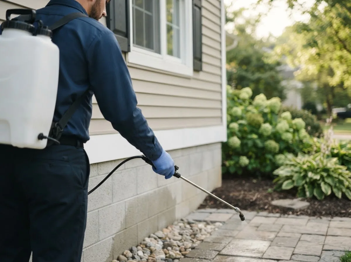 Pest control technician inspecting a home in Clarence Center, NY